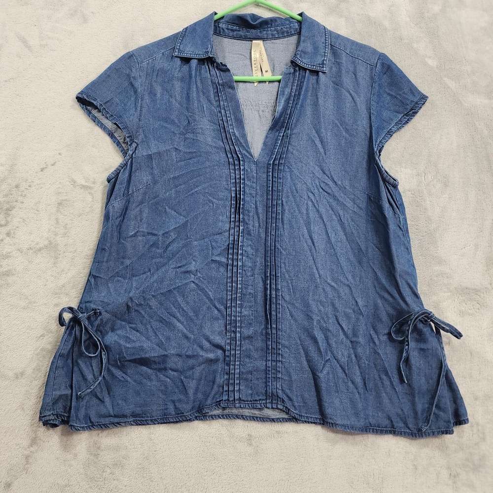 Liverpool Jeans Company Top Womens M Blue Chambray V-Neck Tunic Cap Sleeve Tie